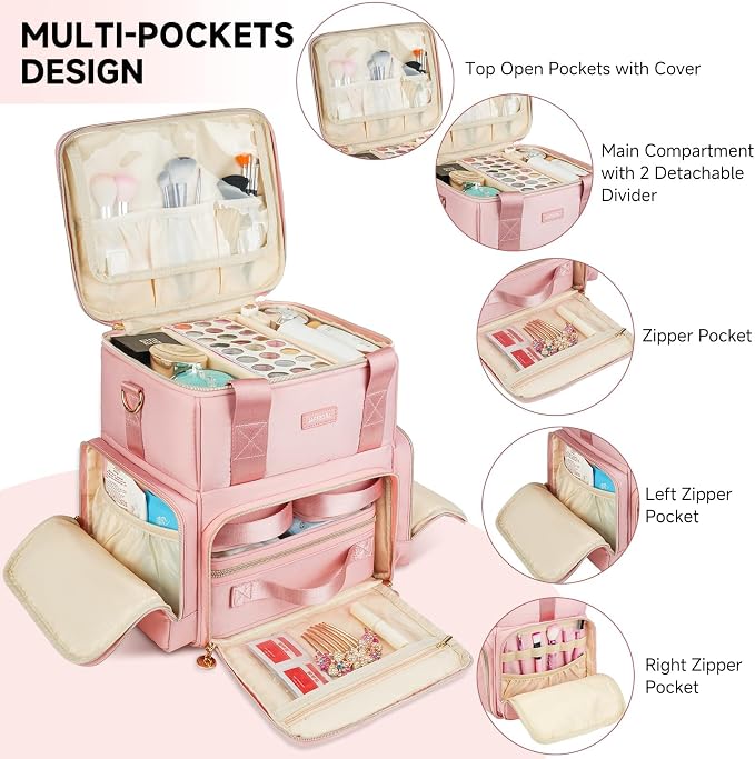 Extra Large Makeup Bag,4 in 1 Cosmetic Storage Organizer Travel Case with 3 Detachable Pouches and Dividers,Pink - Image 3