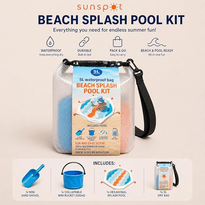 SUNSPOT 5ft Kids Beach Pool – Portable In-Ground Sand Liner with 8 Anchors, Fun Filling Bucket & Travel Carry Bag. The Ultimate Pop-Up Wading Splash Pool for Toddlers and Infants (Funky Waves) - Image 4