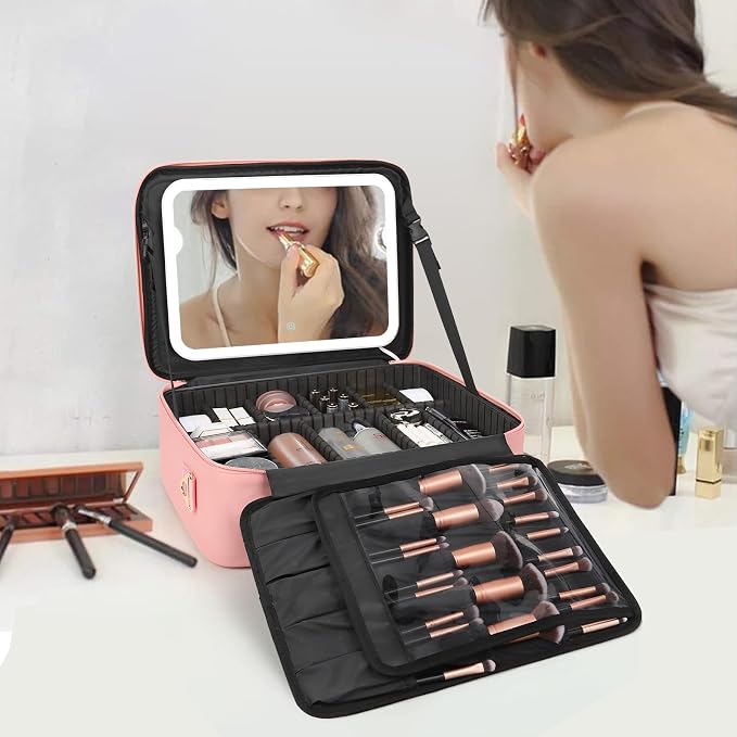 Chomeiu Makeup Bag with LED Mirror, Large Train Case for Makeup Artists, 16.2 inches Travel Professional Cosmetic Organizer with Light Up Mirror, 3 Color Lights, Brush Holder & Shoulder Strap (Pink) - Image 6