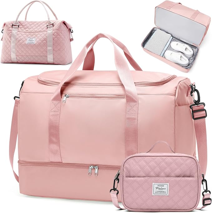 Extra Large Travel Duffle Bag,Carry-on Overnight Bag with Shoes Compartment,Weekender Bags for Women for Travel Business Trips Sport Hospital,3 Pcs Set,Pink by SYCNB