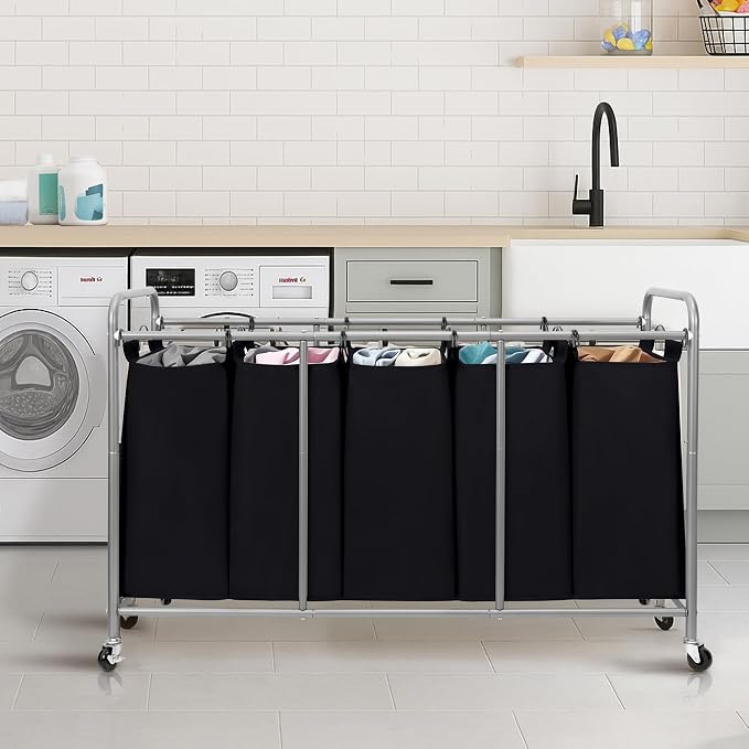 STORAGE MANIAC 5 Section Laundry Sorter, 5 Bins Rolling Separator Laundry Basket, Dirty Clothes Hamper Divider with Heavy Duty Lockable Wheels, Large Clothes Organizer Cart, Black - Image 7