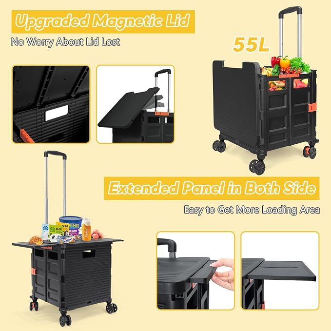 FELICON SELORSS Folding Utility Cart Portable Rolling Crate Handcart-Black | Adjustable Handle+Extended Magnetic Lid,Storage Basket Box,4 Swivel Wheels Tote for Teacher Move Shop Travel Grocery Office - Image 3