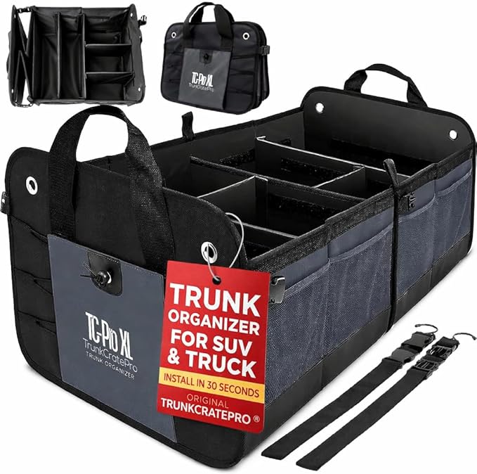 Car Trunk Organizer for SUV, Truck & Auto Cargo Storage, Foldable, Grey, XL | Fits Cars, SUVs & Trucks • 6 Adjustable Compartments • Non-Slip Base & Straps • XLCargo Storage • 11 Pockets • Travel Use by TRUNKCRATEPRO
