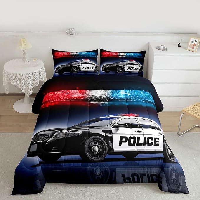 Erosebridal Police Car Comforter Sets King Size,Policeman Vehicle Bedding Set for Kids Boys Children,Red Blue Cop Lights Down Comforter Geometric Graphics Duvet Sets Bedroom Decor with 2 Pillow Cases - Image 2