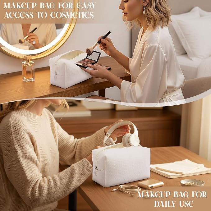 Gilprop 8 Pcs Holiday Gifts for Women Cozy Makeup Bag Portable Travel Waffle Toiletry Bag Soft Wedding Makeup Organizer Large Pouch with Zipper for Bridesmaid Friend (White) - Image 6