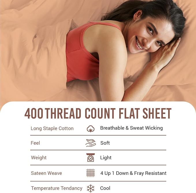 Pizuna Pure 100% Cotton Flat Sheets Only Full Peach (1 PC), Luxurious 400 Thread Count Long Staple Cotton Sateen with 4" Hem (Combed Full Flat Sheet Only Cotton) - Image 4