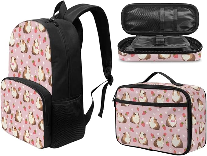 Guinea Pig Backpack for School Girl's Backpacks Set Kids Schoolbag for Girl with Lunch Bag and Pencil Case 3 in 1 Rucksack 17 Inch Casual Daypack Strawberry School Bag - Image 2