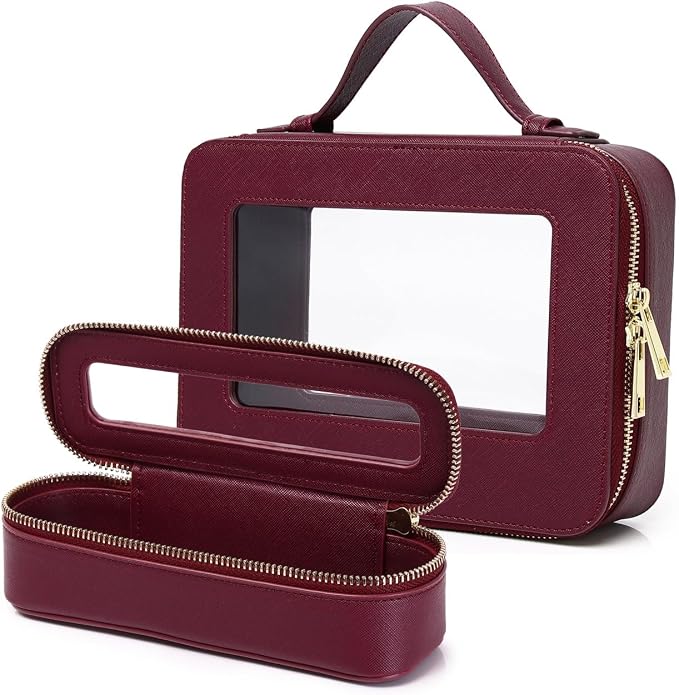 Pinkmik Travel Clear Makeup Bag with Brush Bag Portable Cosmetic Bag Case Transparent Toiletry Bag Cosmetic Organizer Storage Bag for Women (X/Burgundy, L+SLIM) by Pinkmik