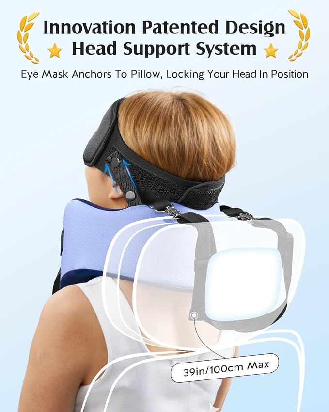 YFONG Travel Pillow for Long Flights, Patented 360° Ergonomic Sleeper Hold Head Support System with Memory Foam Neck Pillow & 3D Sleep Mask, Prevent Head Bobbing for Airplane & Road Trip, Blue - Image 3