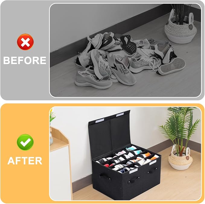 Shoe Organizer for Closet, Foldable Shoe Storage Box with Adjustable Dividers, Large Space Saving Shoe Storage Container Fits up to 16 Pairs with Reinforced Handles (Black) - Image 3