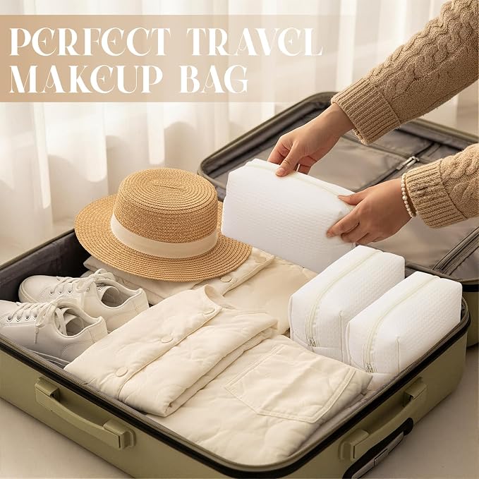 Gilprop 8 Pcs Holiday Gifts for Women Cozy Makeup Bag Portable Travel Waffle Toiletry Bag Soft Wedding Makeup Organizer Large Pouch with Zipper for Bridesmaid Friend (White) - Image 5
