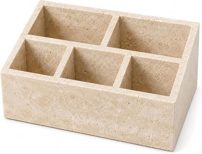 Travertine 5-Compartment Desk Organizer, Beige | Natural travertine with 5 compartments for pens, makeup brushes, skincare bottles, office supplies and vanity items by Unknown