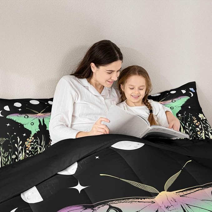 Erosebridal Teens Moth Bedding Set King, Aesthetic Flower Comforter Set Bohemian Sun Moon Duvet Sets for Kids Boys Adult Women, Nature Trippy Floral Bedding Comforters Goth Bedroom Decor - Image 4