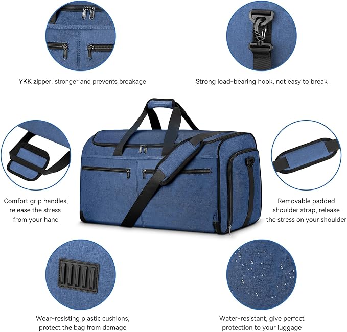 Large Garment Bag for Travel, Bukere Convertible Suit Travel Garment Duffel Bag for Men Women Business, Shoe Compartment, Detachable Shoulder Strap, Multi-Function 2 in 1 Weekender Bag, Blue - Image 5