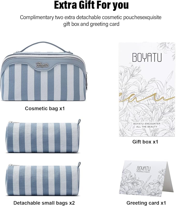 BOYATU Travel Makeup Bag Cosmetic Bag for Women: 3 Pcs Set Striped Make up Bag with Compartments - Waterproof Vegan Leather Toiletry Bags with Handle - Makeup Organizer for Travel Essentials(A-1-Blue) - Image 6