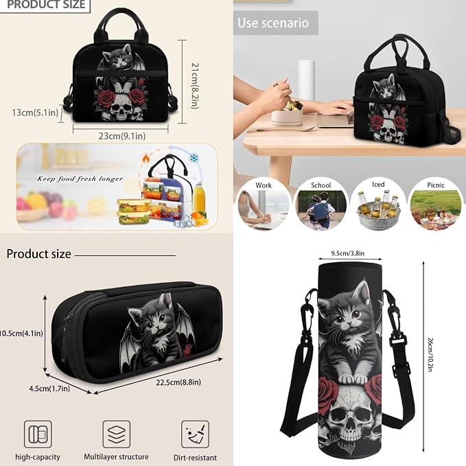 Cat Skull Rose Girls Boys Backpack Set 4 in 1 Gothic Black Kids School Backpacks Lightweight Bookbag Lunch Tote Bag Water Bottle Pen Case Stationery Pouch Bags with Zipper for Girl Boy Teen - Image 6
