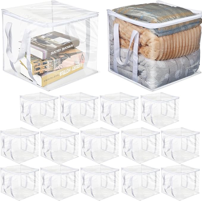16 Pcs Clear Zippered Organizers 12''x12''x12'' Moving Bags with Reinforced Handles Heavy Duty Storage Cube Tote Storage Blanket Bags Bins for Clothes Moving Supplies Linens Shoes Closet Organizer - Image 8