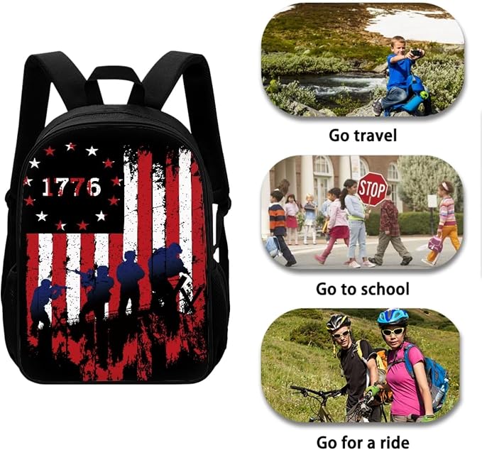 Mumeson 1776 Flag Backpack Kids School Backpack 3 Pack Set Back to School Backpack Set School Supplies Daypack with Lunch Bag Zipper Closure Pencil Case - Image 4