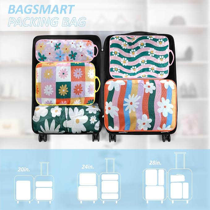 Colored Flower Compression Packing Cube Kit 7 Piece | Quick-Dry, Breathable Mesh, Carry-On Compatible Travel Essentials for Clothes, Shoes, Cosmetics & Toiletries, Multi - Image 5