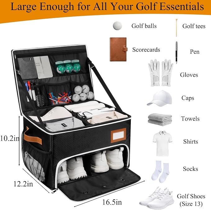 2 Layer Golf Trunk Organizer, Golf Organizer with 2 Pairs Shoes Compartment, Golf Storage Waterproof Car Trunk Locker for Balls, Caps, Clothes, Gloves, Accessories, Gifts for Golfers - Image 2