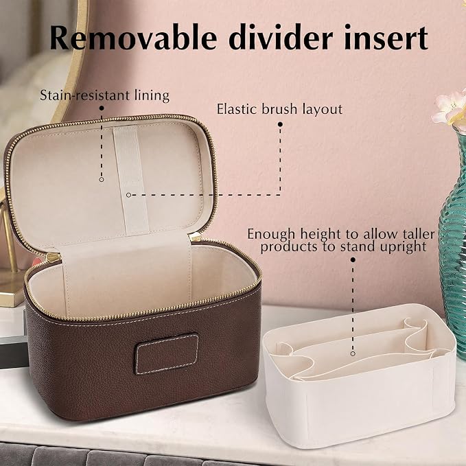 Makeup Case for Women, Leather Makeup Bag Cosmetic Case with Removable Divider, Large Capacity Waterproof Portable Travel Toiletry Make up Organizer Case - Image 4