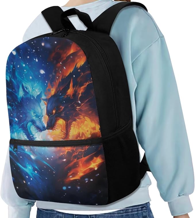 Wolf Backpacks for Boys Fire Ice Elemenatry School Backpack with Lunch Box Pencil Case Water Bottle Sleeve Bookmark 17Inch Kids Book Bag Set of 5 Picnic - Image 2