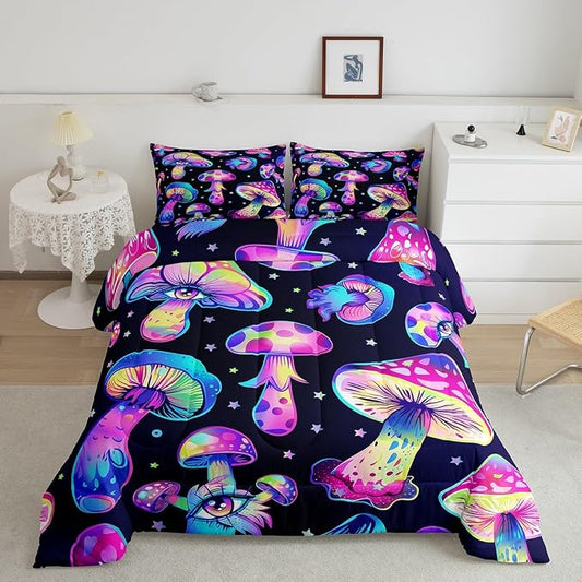 Mushroom Comforter Set King,Kawaii Trippy Botanical Bedding Set Psychedelic Plant Down Comforter for Kids Girls Teens Women Cartoon Cute Mushroom Room Decor Quilt Duvet Set with 2 Pillow Cases Black by Erosebridal