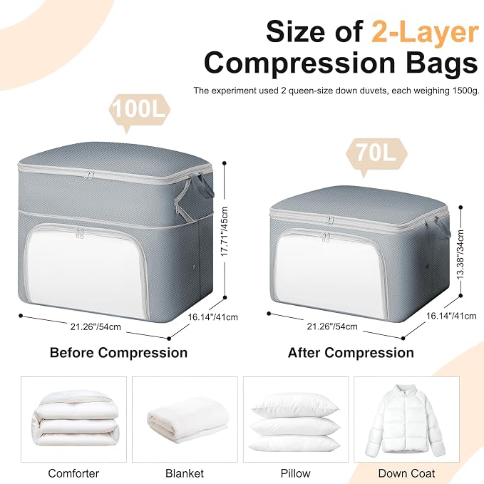Comforter Storage Bag - Large Capacity Blanket Storage Bags Front-opening Ultra Space Saving Self Compression Organizer, Washable Compression Bags for Storage Comforter Blanket, 1 Pack, Grey - Image 2