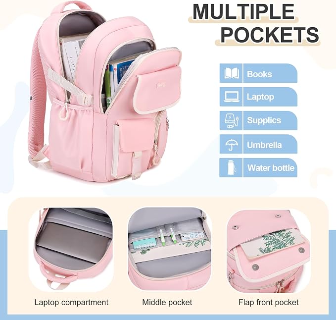 DIGOBAY Backpacks for Girls, 3PCS School Backpack with Lunch Box Pencil Pouch for Teen Girls Kids Elementary Primary Middle High College School Bookbag Set （Pink） - Image 3
