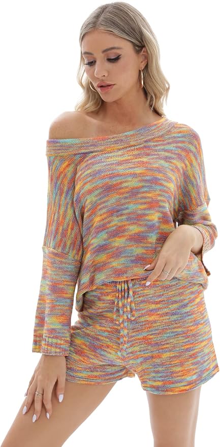 Ermonn Womens 2 Piece Outfits Sweater Sets Off Shoulder Knit Tops Waist Short Suits Casual Pajama Set - Image 6