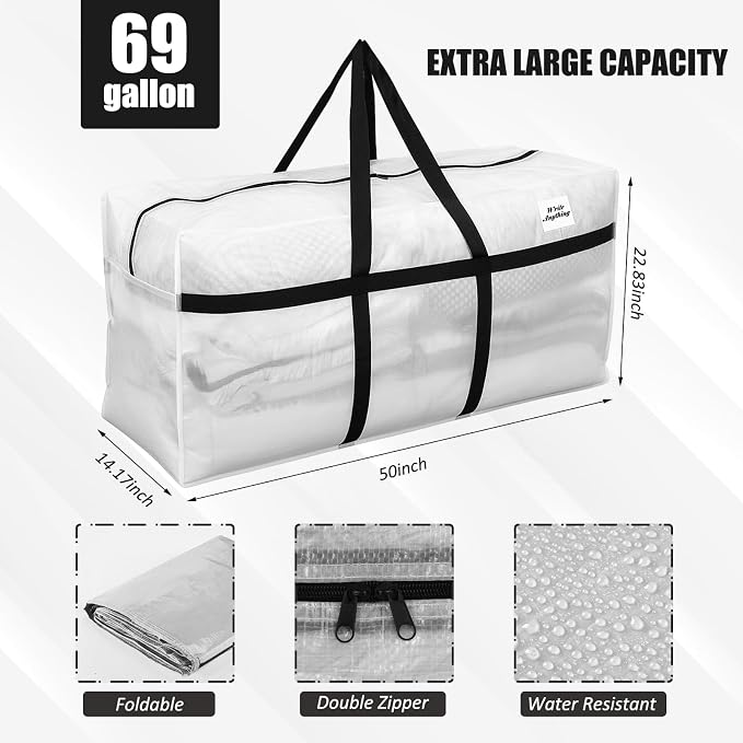 Windyun 4 Pack 69 Gallon Extra Large Moving Bags XXL Heavy Duty Storage Bag with Strong Zipper Handle Jumbo Big Tote Box Foldable for College Dorm Travel Clothes Duffle Blanket Pillow(Transparent) - Image 3