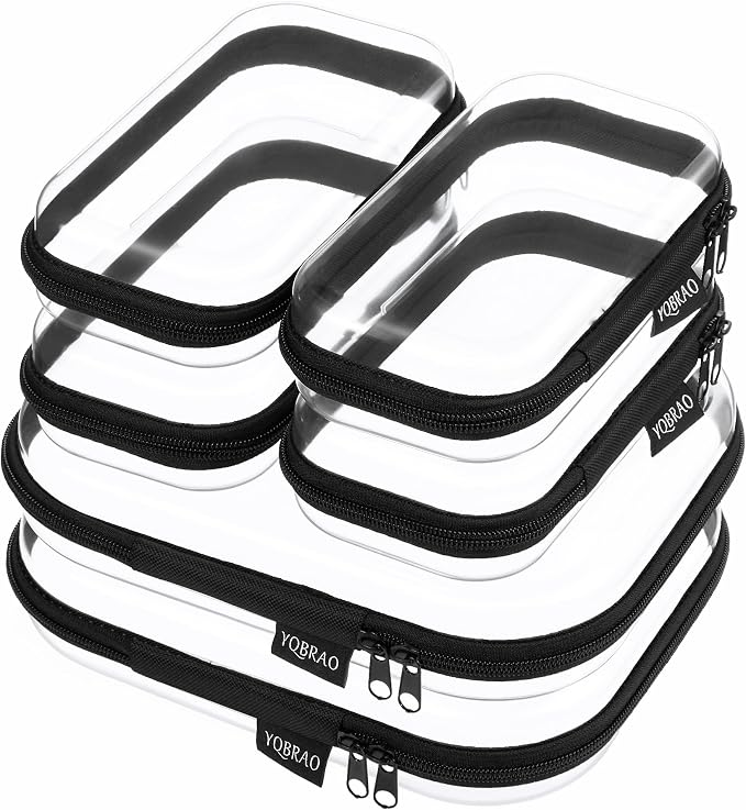 6 Pack Black Clear Hard Shell Beauty Organizer (2M+4S), 1.2mm Heavy Duty Crush-Proof Cosmetic Case, Reinforced YKK Zippers, Stadium Approved Security Bag for Skincare & Electronics, Multi-Size Set by Unknown