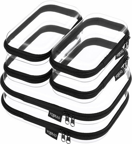 6 Pack Black Clear Hard Shell Beauty Organizer (2M+4S), 1.2mm Heavy Duty Crush-Proof Cosmetic Case, Reinforced YKK Zippers, Stadium Approved Security Bag for Skincare & Electronics, Multi-Size Set by Unknown
