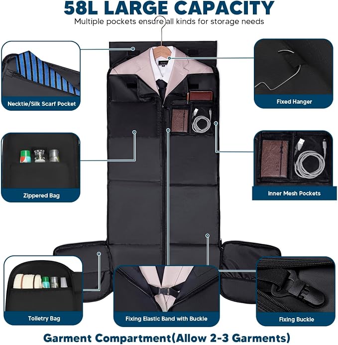 Vessgra Garment Bags for Travel,Convertible Garment Bag with Shoulder Strap, 4 in 1 Suit Bag Travel with Shoes Foldable 58L Garment Bags for Men Women Garment Duffel Bags for Hanging Clothes,Grey - Image 5