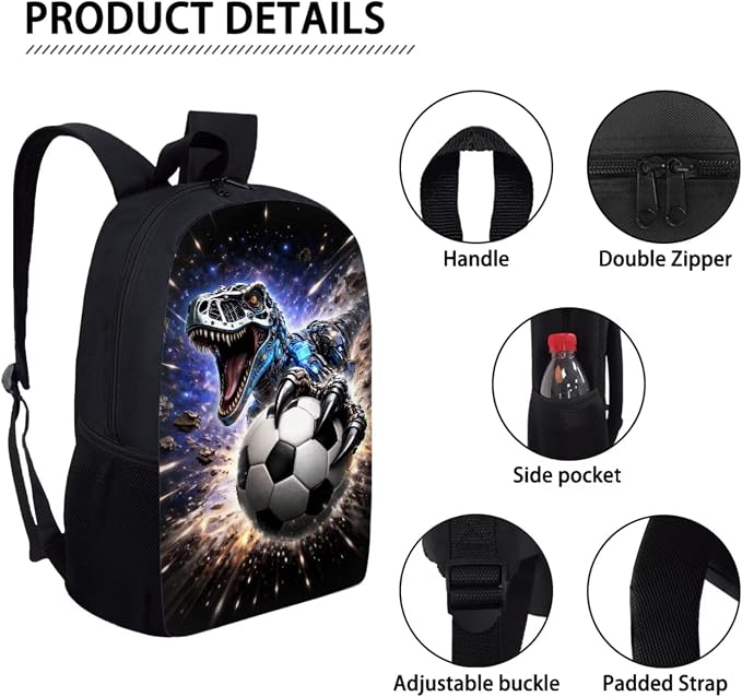 Forchrinse Dinosaur Backpack for Boys 3-In-1 Soccer School Backpack with Lunch Box Pencil Case Large Capacity 17 Inch School Bag for Elementary Kindergarten Kids Bookbag Daypack - Image 7