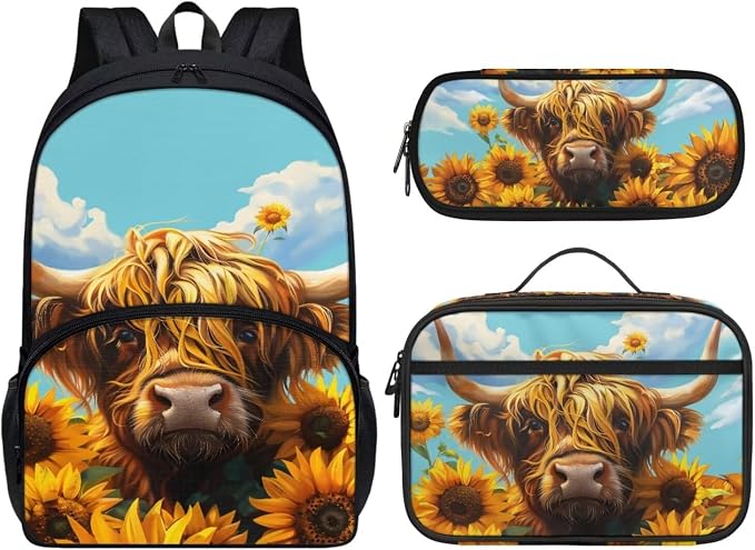Sunflower Highland Cow Backpack for Girls School Bag Aesthetic Backpacks with Lunch Bag & Pencil Case Kawaiian Schoolbag 3 in 1 Rucksack Bookbag Set by Dremagia
