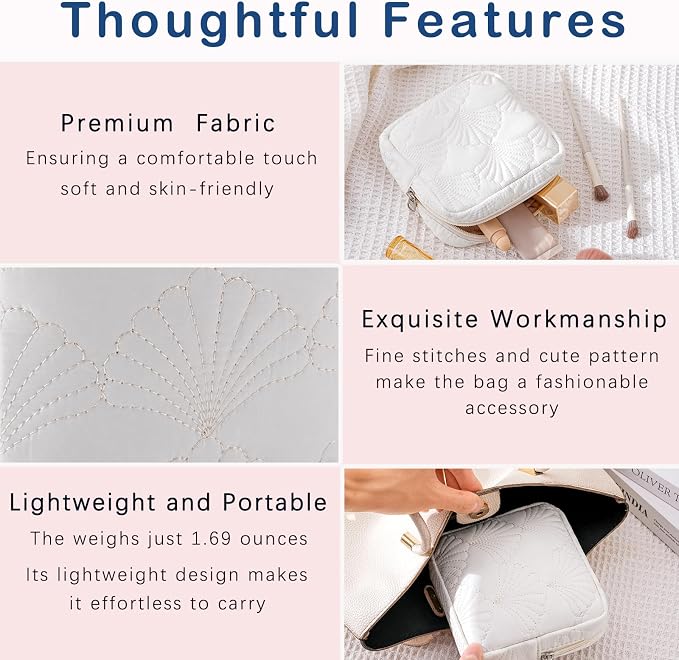 RSRSLEII Small Quilted Cotton Makeup Pouch for Purse, Coastal Granddaughter Aesthetic Cosmetic Bag with Compartments, Cute Seashell Zipper Lipstick Holder for Women and Girls (09 Small Seashell) - Image 5