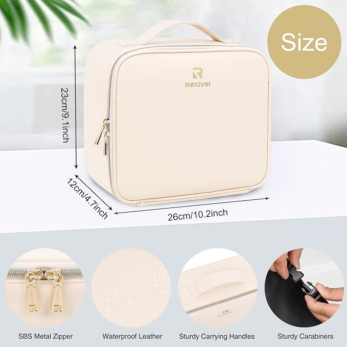 Relavel Makeup Bag with Led Mirror Travel Makeup Train Case Cosmetic Organizer Portable Artist Storage Bag with Adjustable Dividers Makeup Brushes Storage Organizer, White - Image 2