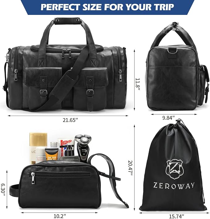 Zeroway PU Leather Travel Duffel Bag with Laundry Bag, Weekender Overnight bag Luggage Carry-On Bag with Shoe Pouch for Men or Women Black - Image 5