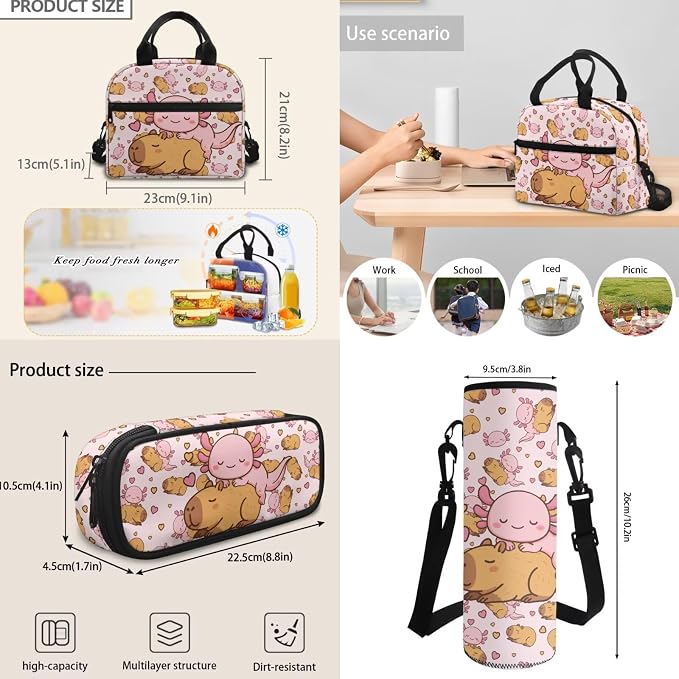 Cute Axolotl Capybara Pink Backpack for Girls, School Backpack Bookbag Lunch Box Pen Case for Elementary Primary Middle School, Kids Backpacks Schoolbag Water Bottle Holder Set 4 in 1 - Image 6