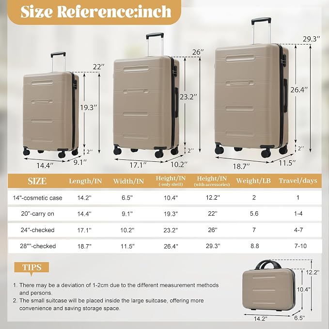 6 Pcs ABS Hardshell Luggage Set Spinner Wheel Suitcase Suitcase Khaki - Image 7