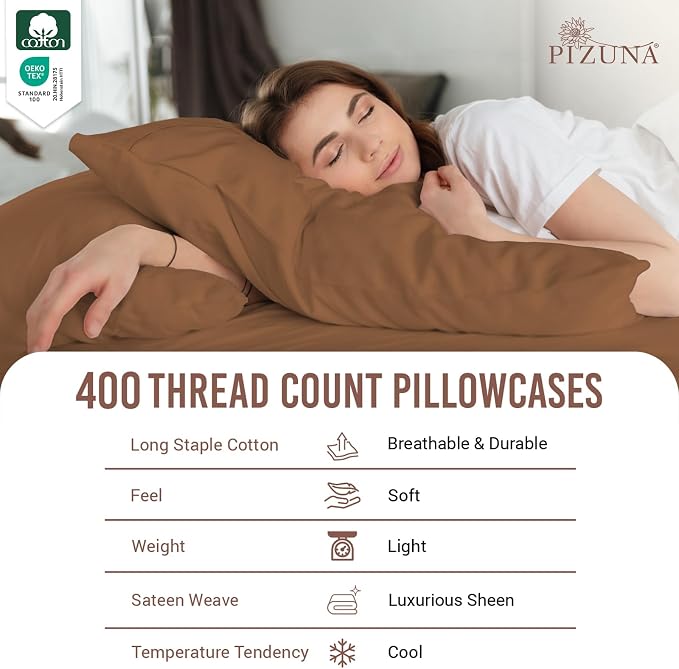 Pizuna Pure 100% Cotton Pillow Case Queen (2 PC), Luxurious 400 Thread Count Long Staple Cotton Sateen with Stylish 4" Hem (Combed Mocha Brown Cotton) - Image 2