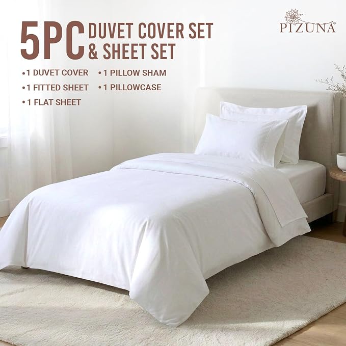 Pizuna Pure 100% Long-Staple Cotton Duvet Cover + Sheet Set Twin, Luxurious 400 Thread Count Long Staple Cotton, Soft Sateen Weave Bedding Set (White) - Image 3