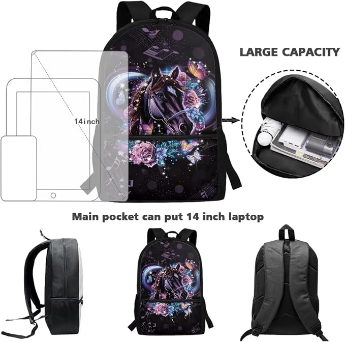 Backpack Set with Zipper Schoolbag Vintage Rose Horse Musical Note Print Large Capacity Bookbag Lunch Box Pencil Case 17 Inch Travel Laptop Backpacks Rucksack Daypack - Image 3