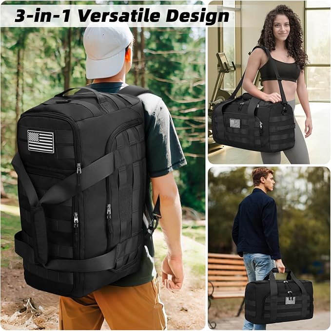 ZOMFELT Tactical Gym Bags for Men, Travel Duffle Bag with Removable Dividers & Innovative Shoe Compartment, 3-in-1 Waterproof MOLLE Gym Duffel Backpack, Airplane Carry-On Approved, Black - Image 7
