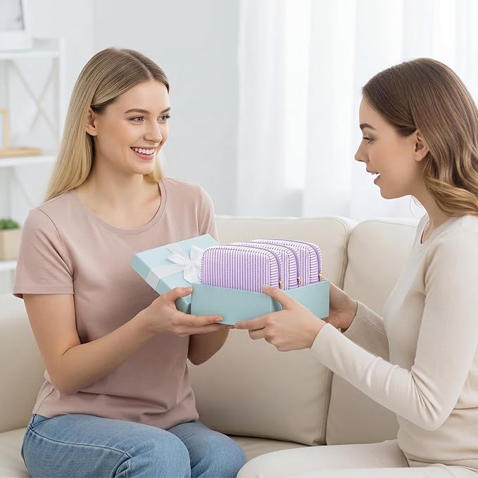Sanwuta 6 Seersucker Cosmetic Bag Bulk Striped Makeup Bag for Women Aesthetic Cute Travel Toiletry Organizer Preppy Storage Pouch for Wedding Bridesmaid Mother's Day Teacher Gift (Small,Purple) - Image 5
