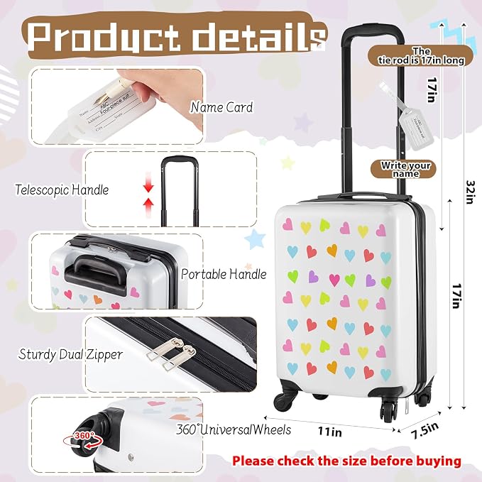 Redbaker 6 Pcs Kids Luggage Set, 17 Inch Rolling Suitcase with Backpack Lunch Bag Neck Pillow, White Love Travel Set for Summer Vacation Sleepover Back to School Gift - Image 4