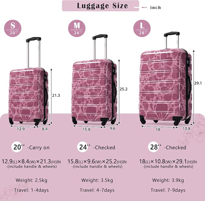 Merax Luggage Sets 3 Piece, Hardside Suitcase Set with Spinner Wheels | Lightweight 20+24+28 IN Suitcase with Carry on Luggage, Purple Pink - Image 2