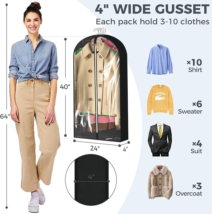6 Pcs 40" Garment Bags for Hanging Clothes, Clear Suit Bags for Closet Storage Clothing Storage, Garment Bags Shoulder Covers with 4" Gussets for Coats, Jackets, Shirts and Sweater, Black - Image 3