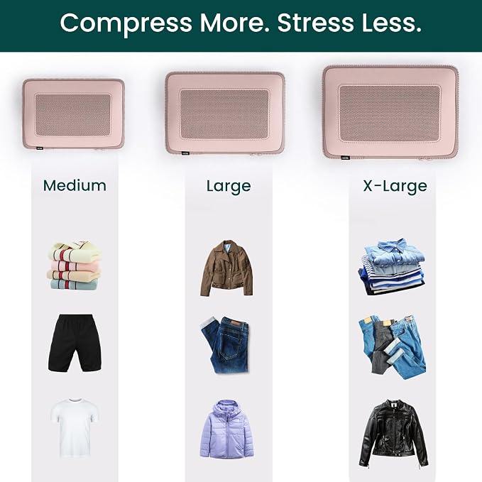 NOBL Travel Compressible Packing Cubes Set, 6 Pieces Travel Packing Organizers, Compression Luggage Cubes for Suitcases & Carry On, Space Saving (XXS, XS, S, M, L, XL) - Blush - Image 4